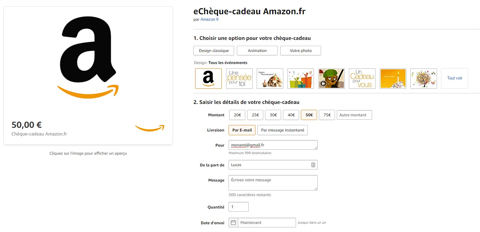 Paramètres du chèque cadeau Amazon